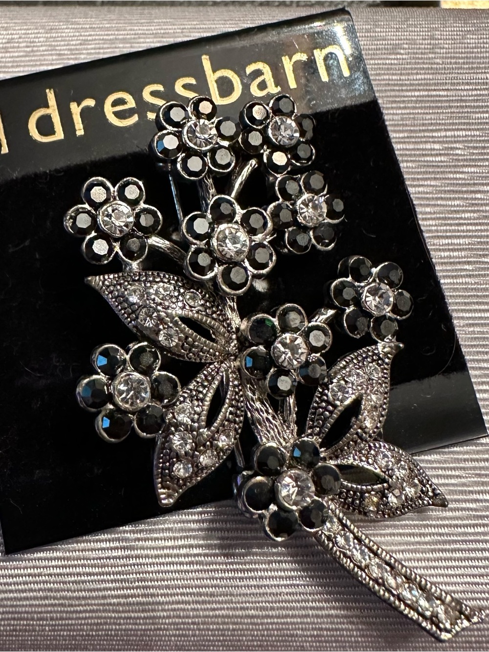 Dressbarn Silver-Tone Floral Crystal Brooch - Black and Clear